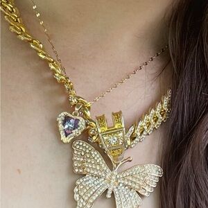 Elegant Gold Butterfly Necklace + Heart duo